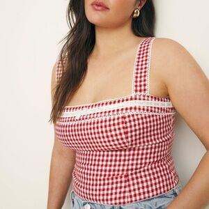 Reformation Eloise Linen Top Tomato Check • Size 2